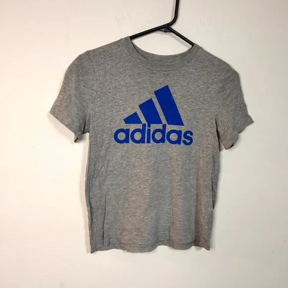 Adidas T-Shirt Kids Small Heather Gray Graphic Logo Cotton Blend Short Sleeve - Picture 4 of 7